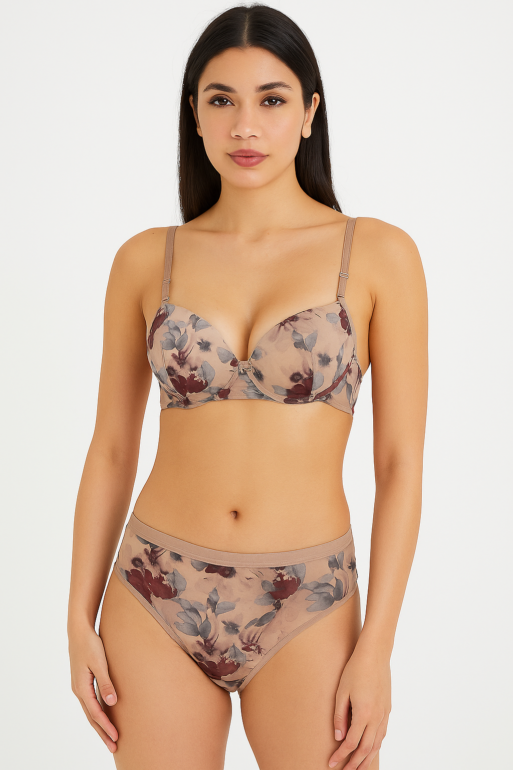 Floral print brown-Grey Lingerie Set