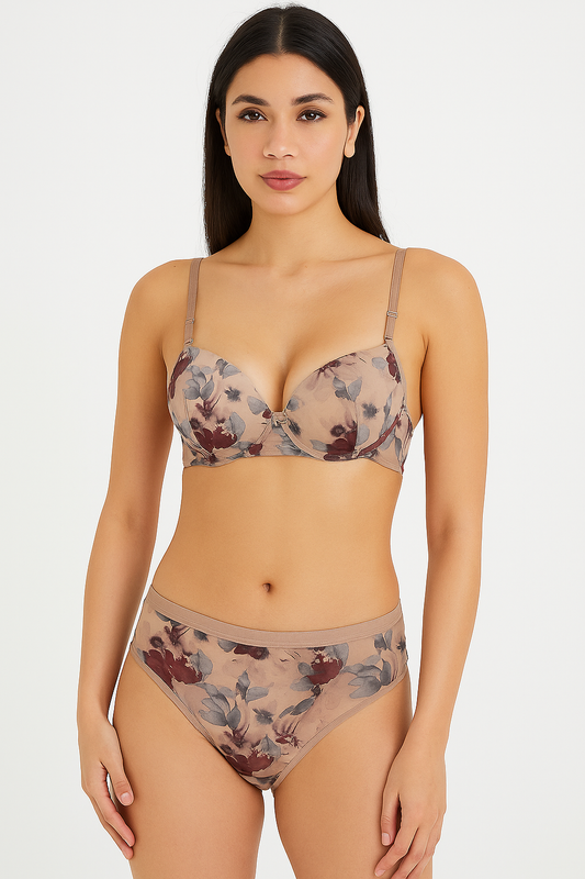 Floral print brown-Grey Lingerie Set